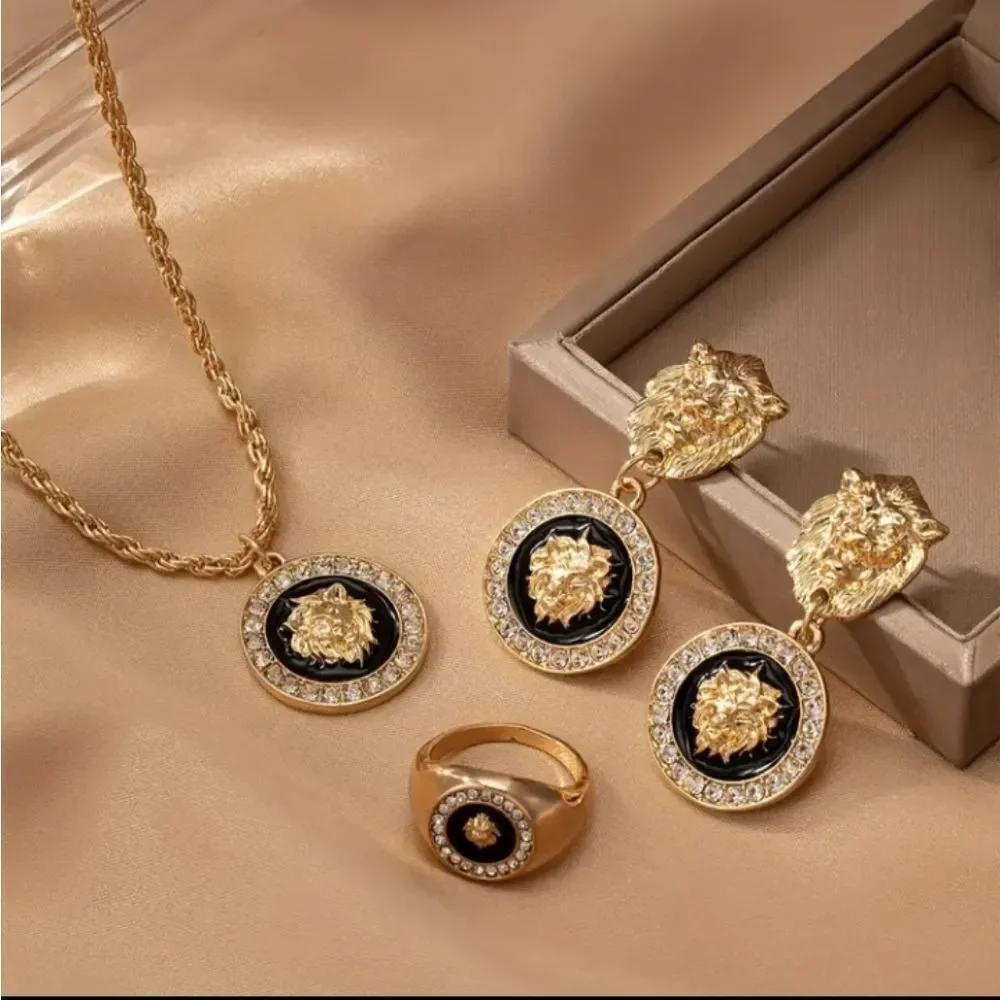 Designer Inspired Lion Necklace Ring & Earrings Set